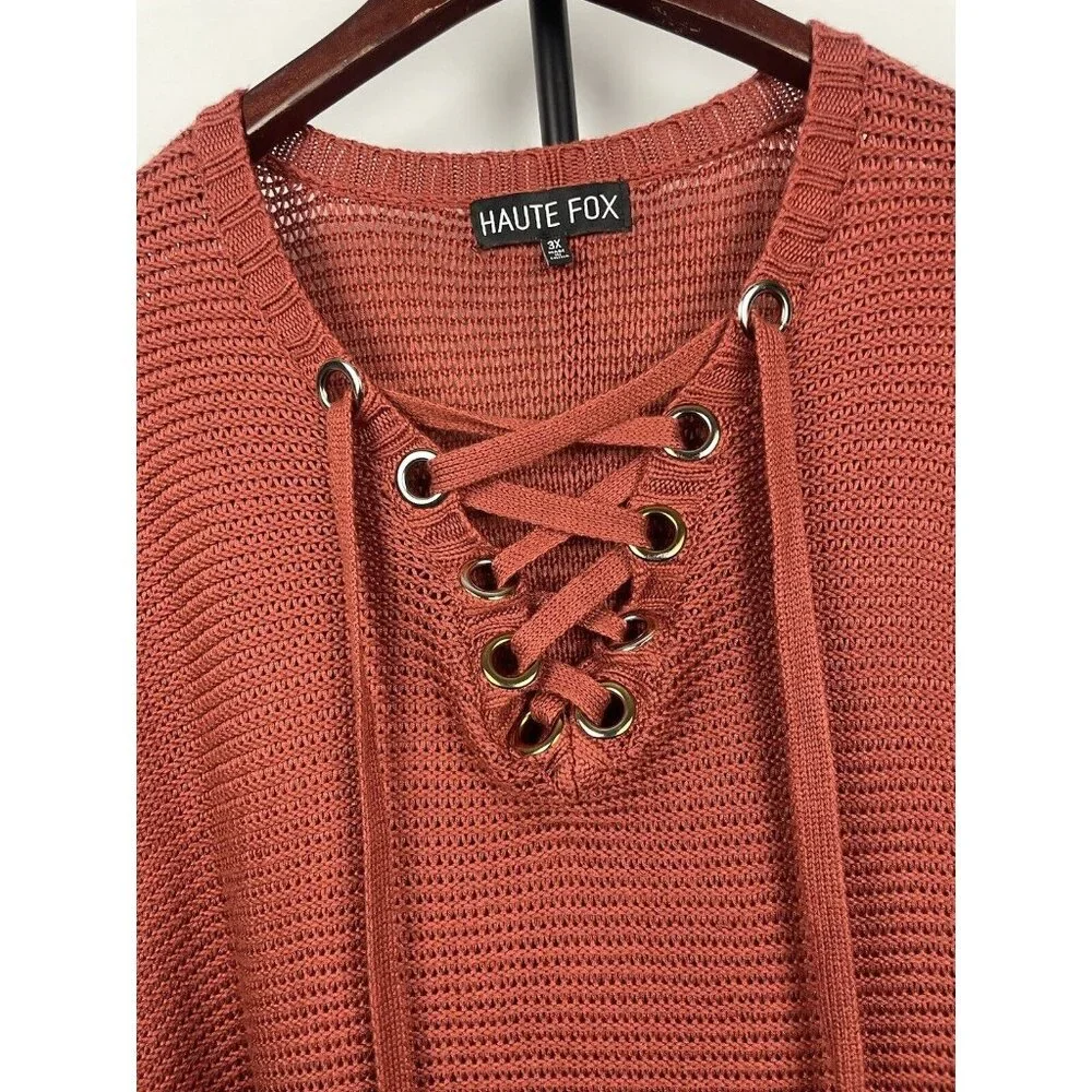 Haute‎ Fox Rust Red Knit Short Doleman Sleeve Tie Neckline Blouse Size 3X - Picture 3 of 7